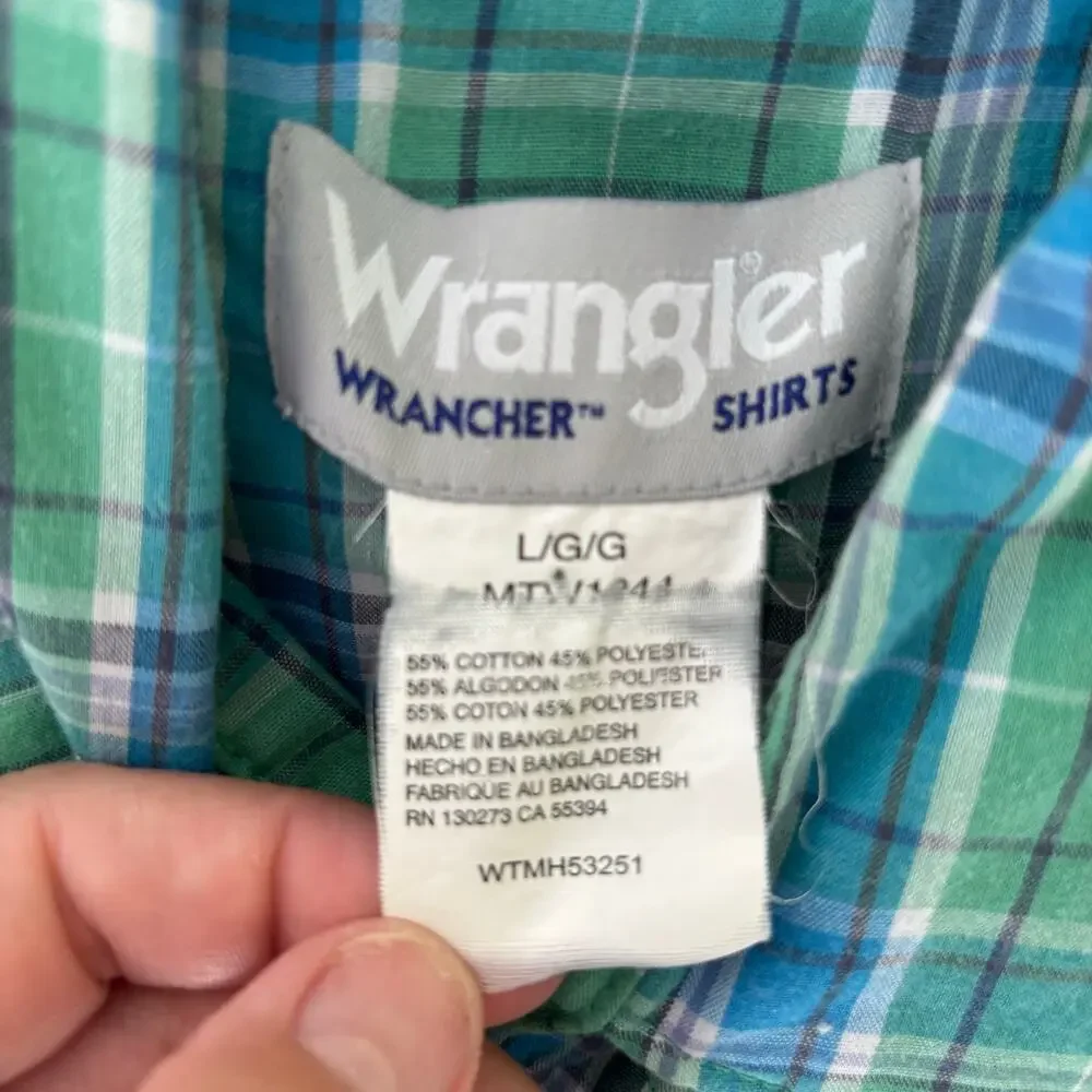 Wrangler Men's Wrancher Shirt Blue Green Plaid Pearl Snap Western Cowboy Sz L